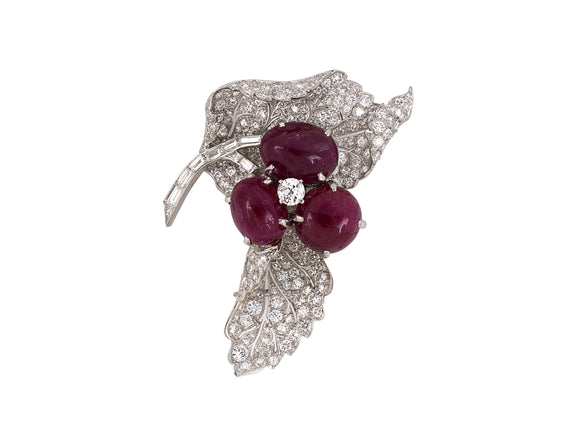 24089 - Art Deco Platinum Diamond Sapphire Ruby Interchangeable Floral Leaf Clip Pin