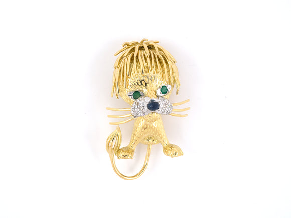 24093 - SOLD - Gold Diamond Sapphire Green Onyx Baby Lion Pin