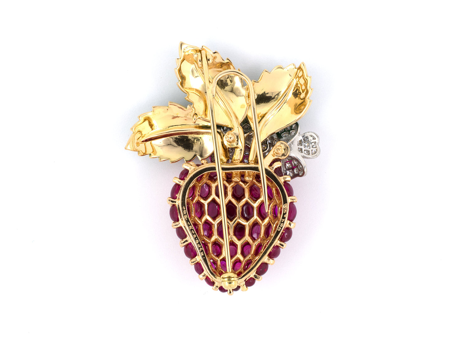24095 - SOLD - Circa 2000 Oscar Heyman Gold Platinum Diamond Ruby Enamel Strawberry Pendant Pin