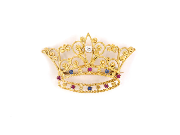 24096 - Victorian Gold Diamond Sapphire Ruby Crown Pin