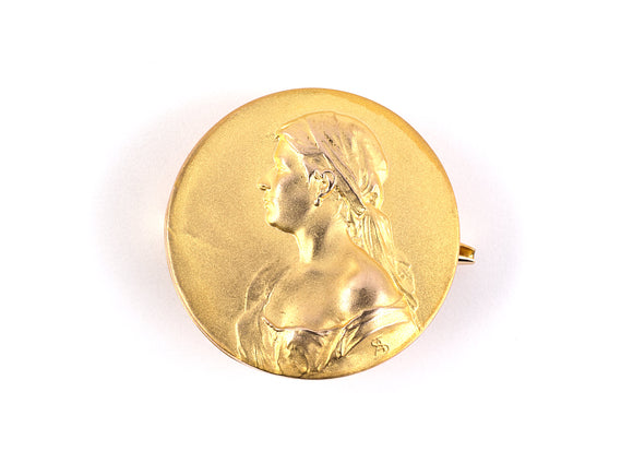 24103 - Art Nouveau Austrian Gold Carved Woman's Profile Pin