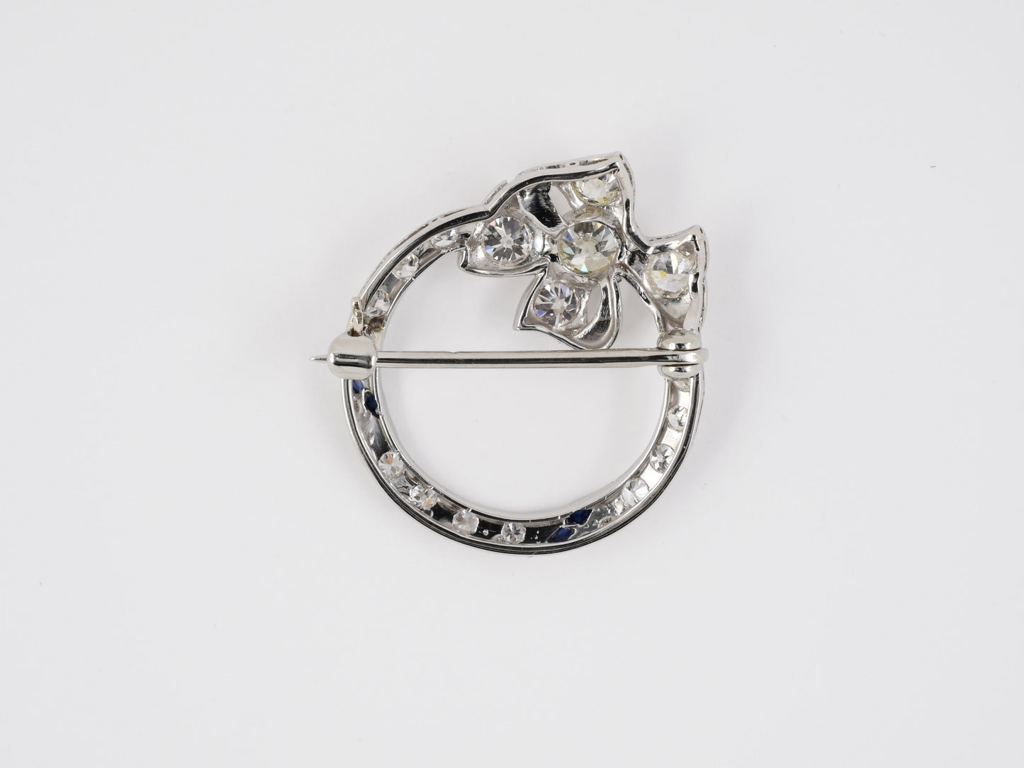 24111 - Art Deco Platinum Diamond Synthetic Calibre Sapphire Wreath Pin