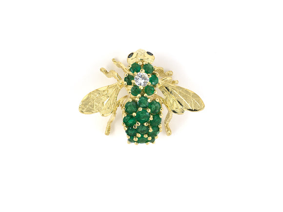 24157 - SOLD - Honora Gold Emerald Diamond Sapphire Engraved Bee Fly Pin