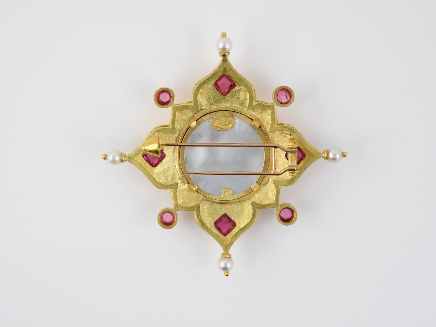 24162 - SOLD - Circa 1994 Elizabeth Locke Gold Pink Tourmaline Pearl Mother of Pearl Venetian Glass Carved Intaglio Lion Center Clip Pin