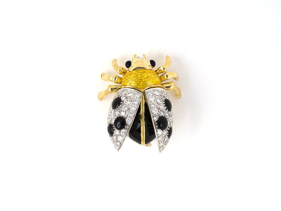 24171 - Garavelli Italy Gold Diamond Black Onyx Yellow Black Blue Enamel Lady Bug Beetle Pin
