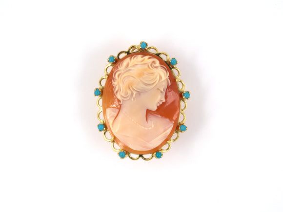 24174 - SOLD - Gold Turquoise White On Brown Shell Cameo Pin With Pendant Bail