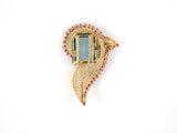 24179 - Retro French Platinum Gold Aqua Ruby Diamond Leaf Clip Pin