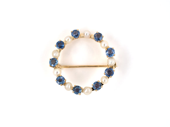 24183 - SOLD - Victorian Gold Pearl Montana Sapphire Circle Pin