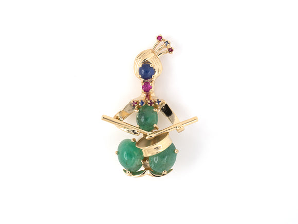24191 - Circa 1950 Gold Emerald Ruby Sapphire Drum Player Pin