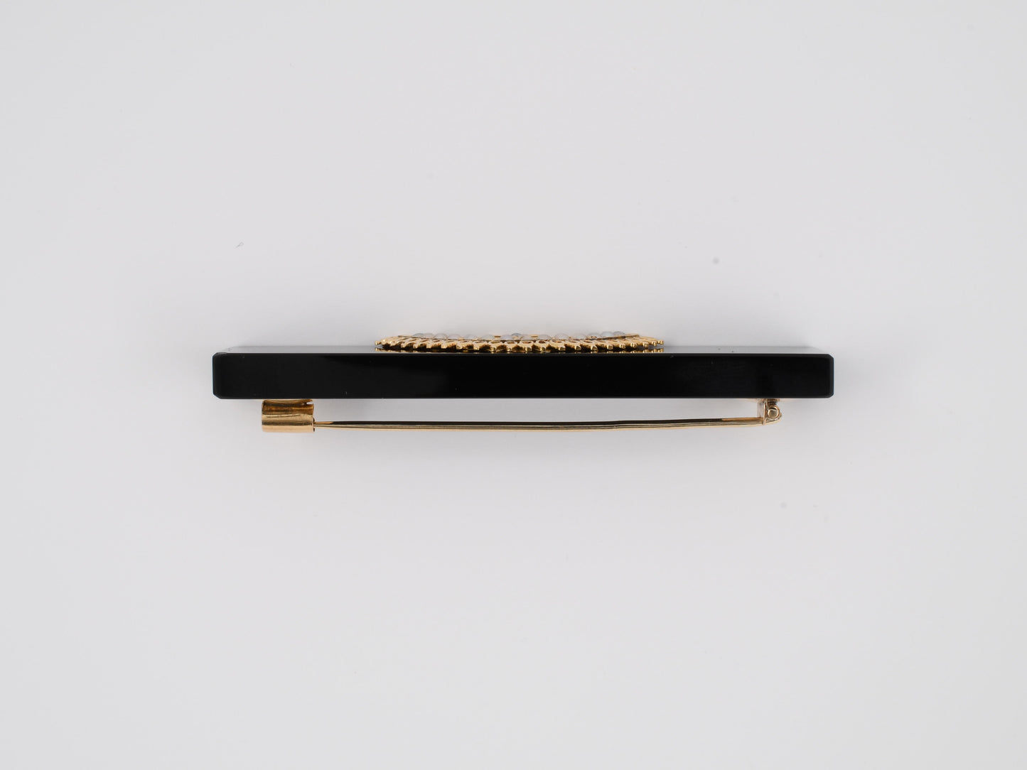 24192 - Circa 1815 Victorian Gold Black Onyx Pearl Mourning Bar Pin