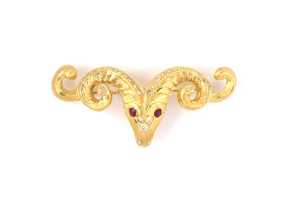 24197 - Lalaounis Greece Gold Diamond Ruby Carved Ram's Head Pin