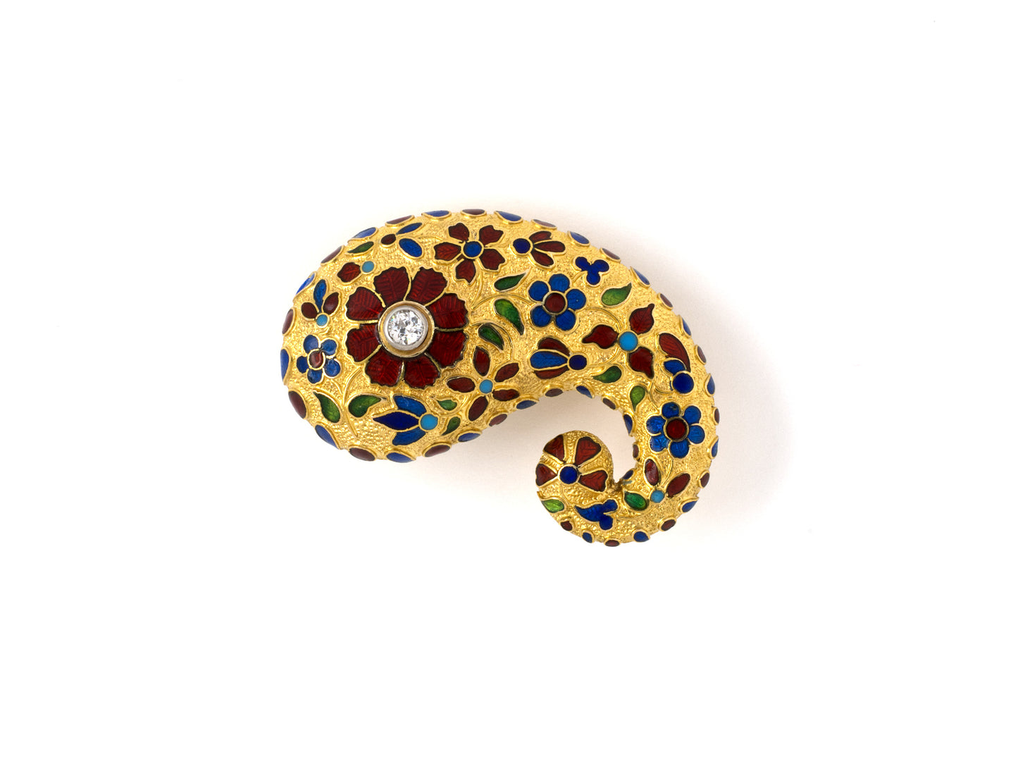 24198 - Circa 1850 Victorian Gold Platinum Diamond Enamel Cornucopia Pin