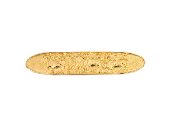 24202 - Lalaounis Greece Gold Carved Bull Oval Bar Pin