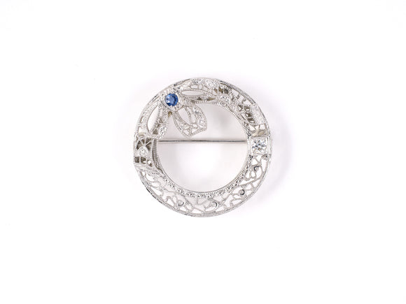 24204 - Art Deco Platinum Gold Diamond Sapphire Circle Wreath Pin