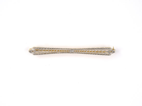 24205 - Edwardian Platinum Gold Chased Carved Pinched Center Bar Pin