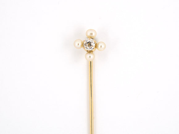 30213 - Victorian Gold Diamond Natural Pearl Stick Pin
