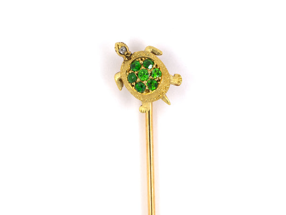 30214 - 14k Green Gold On Yellow Gold Dia (7) Demantoid Garnets Victorian Turtle Stick Pin,  Circa 1900,