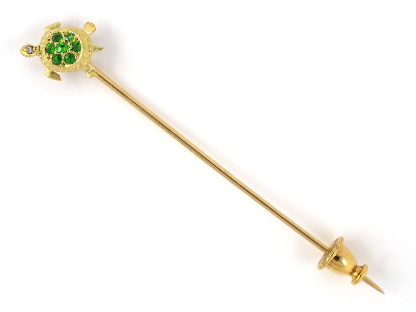 30214 - SOLD - Victorian Circa 1900 Gold Diamond Demantoid Garnet Turtle Stick Pin