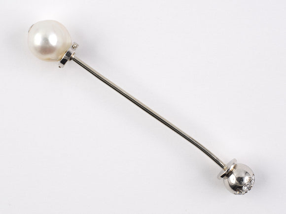 30368 - Art Deco Platinum Diamond Ball Pearl Jabot Pin