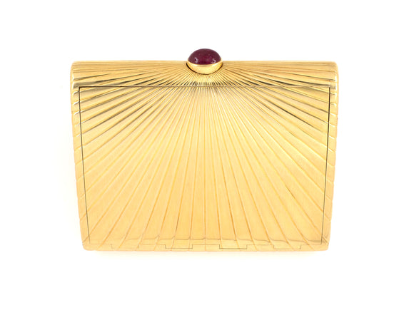 30540 - Art Deco Cartier Gold Cabochon Ruby Corrugated Mirror Compact
