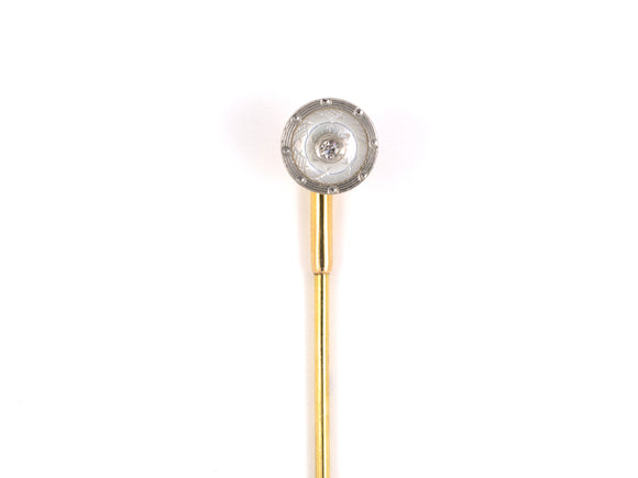 30586 - SOLD - Art Deco Platinum Gold Mother Of Pearl Diamond Circle Stick Pin