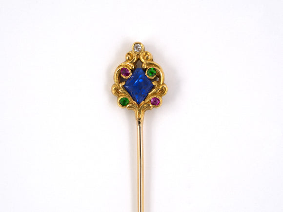 30656 - Art Nouveau T B Starr Gold Sapphire Diamond Ruby Demantoid Stick Pin