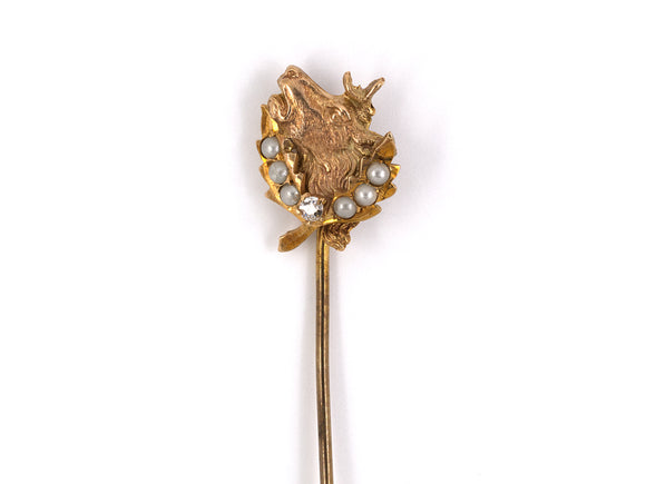 30671 - Gold Diamond Imitation Pearl Elk Stick Pin