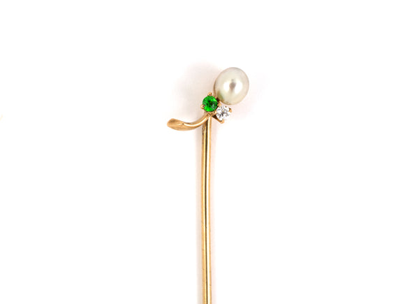 30674 - Victorian Gold Pearl Demantoid Diamond Stick Pin