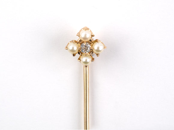 30677 - Victorian Gold Pearl Diamond Cluster Stick Pin