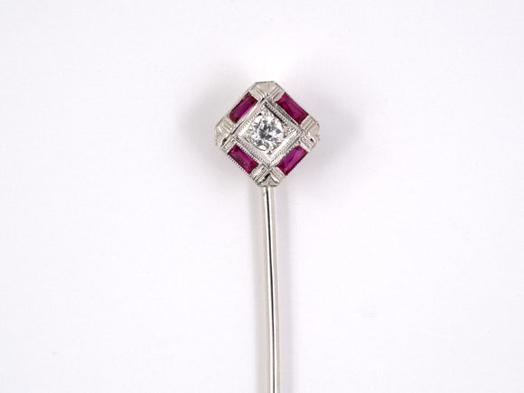 30698 - SOLD - Art Deco Gold Diamond Ruby Square Stick Pin