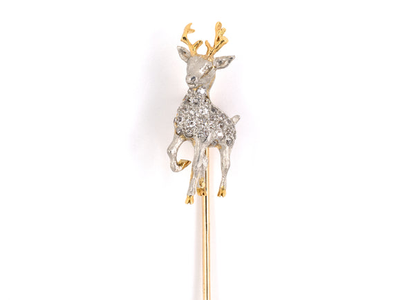 30831 - SOLD - Edwardian Platinum Gold Diamond Reindeer Stick Pin