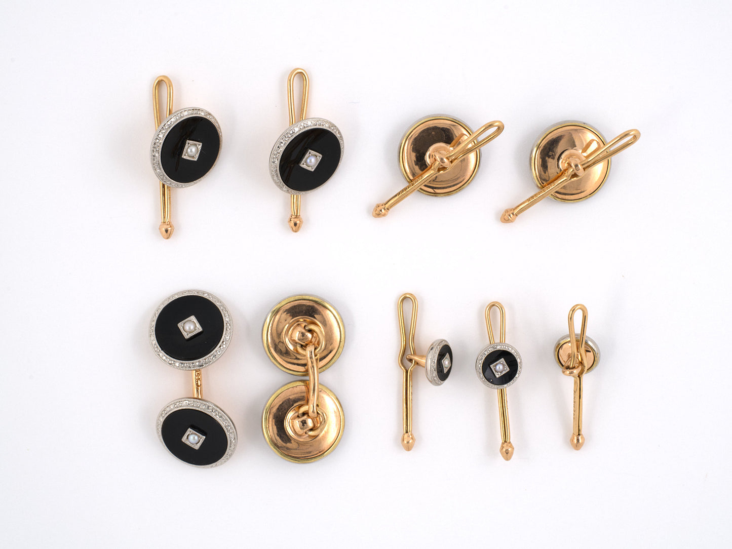 30942 - SOLD - Art Deco Krementz Gold Pearl Black Onyx Gents Set