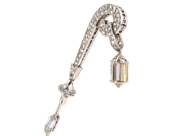 30953 - Edwardian Platinum Diamond GIA Fancy Briolette Diamond Dangle Stick Pin