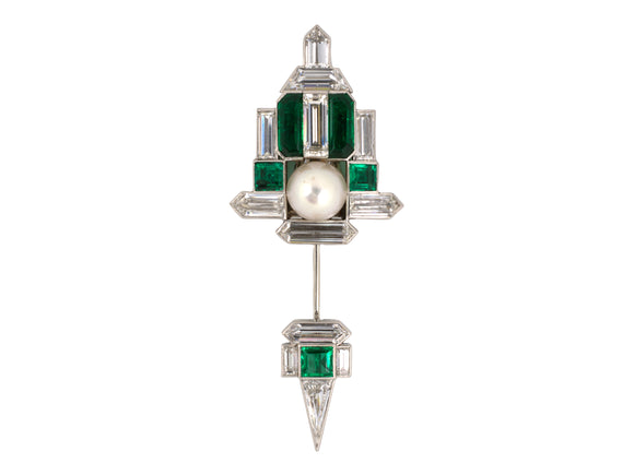 30997 - Art Deco Platinum GIA Pearl AGL Emerald Diamond Jabot Pin