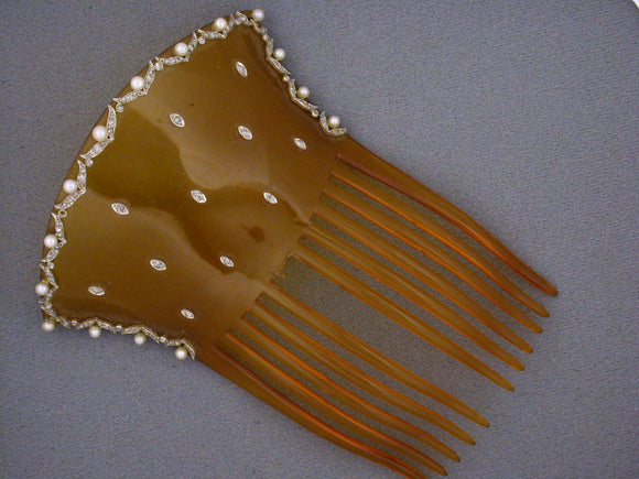 31153 - Edwardian Platinum Diamond Pearl Hair Comb