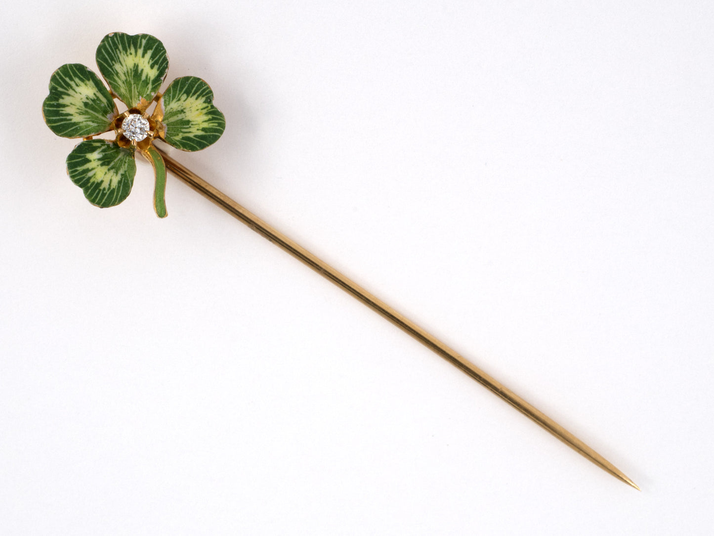 31184 - SOLD - Art Nouveau Gold Diamond Enamel 4 Leaf Clover Stick Pin
