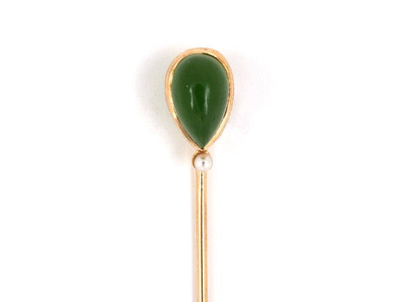 31278 - SOLD - Victorian Gold Nephrite Jade Pearl Stick Pin