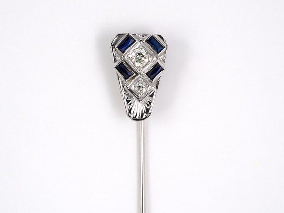 31279 - SOLD - Art Deco Gold Diamond Synthetic Sapphire Stick Pin