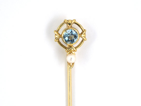 31280 - SOLD - Art Nouveau Gold Aqua Pearl Stick Pin
