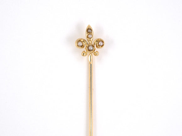 31298 - SOLD - Gold 1/2 Pearl Fleur De Lis Stick Pin