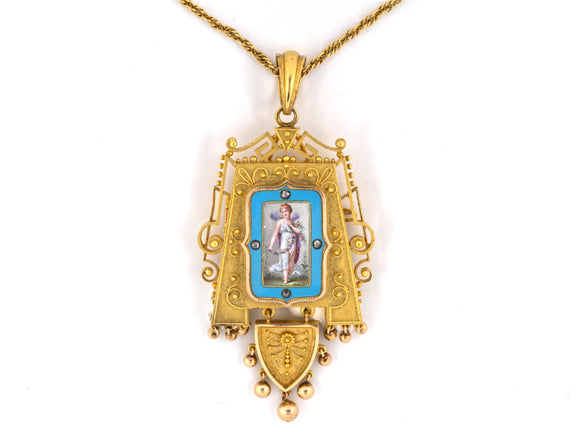 41427 - Victorian Gold Diamond Porcelain Portrait Dangle Pin Locket Pendant Necklace