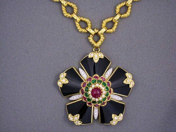 41486 - SOLD - Webb Gold Diamond Ruby Emerald Enamel Maltese Cross Necklace