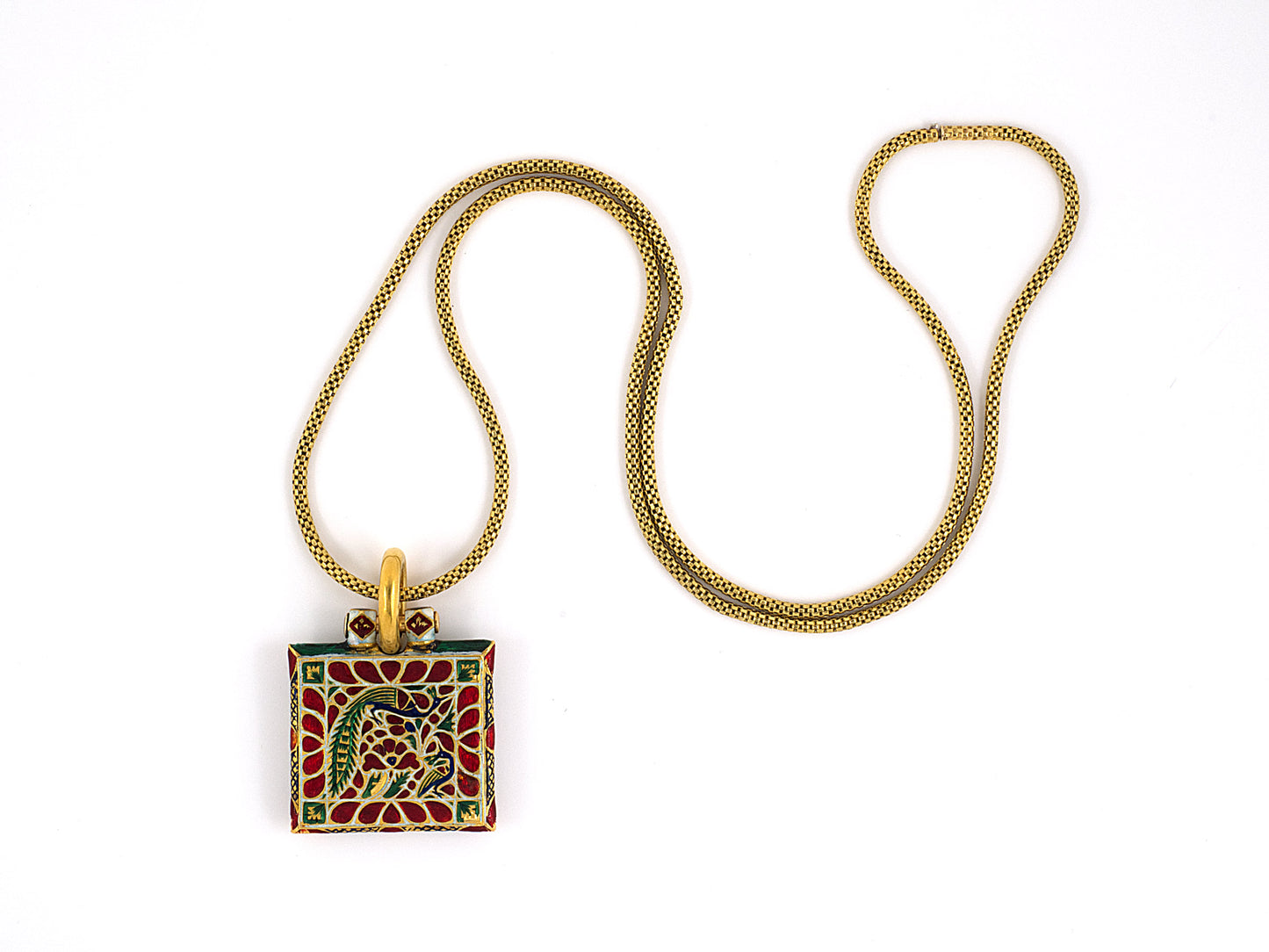 41639 - India Gold Enamel Flower Bird Pendant Necklace
