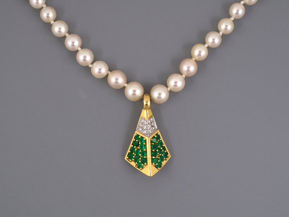 42261 - SOLD - Gold Diamond Emerald Drop Corrugated Ball Akoya Pearl Necklace