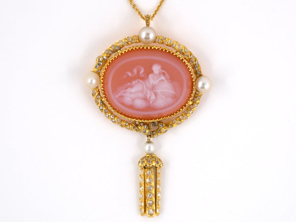 42349 - SOLD - Victorian Gold Stone Cameo Pearl Diamonds Drop Dangle Pin Pendant Necklace