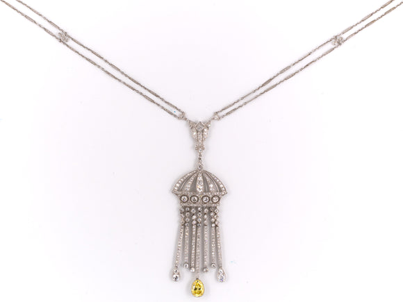 42382 - Edwardian Platinum Diamond Yellow Diamond Drop Pendant Necklace
