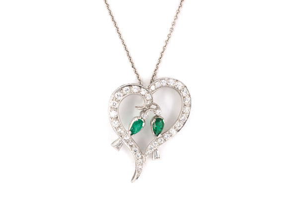 42387 - SOLD - Platinum Diamond Emerald Heart Love Birds Pendant Necklace