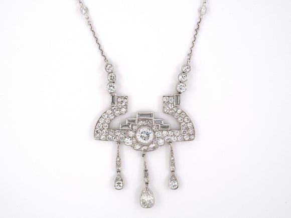 42538 - Art Deco Platinum Diamond Geometric Drop Dangle Pendant Necklace