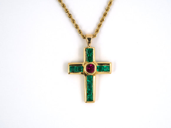 42586 - Gold Emerald Ruby Cross Pendant Necklace