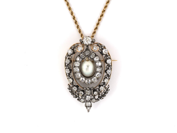 42760 - SOLD - Victorian Silver Gold Natural Pearl Diamond Drop Dangle Pin Pendant Necklace